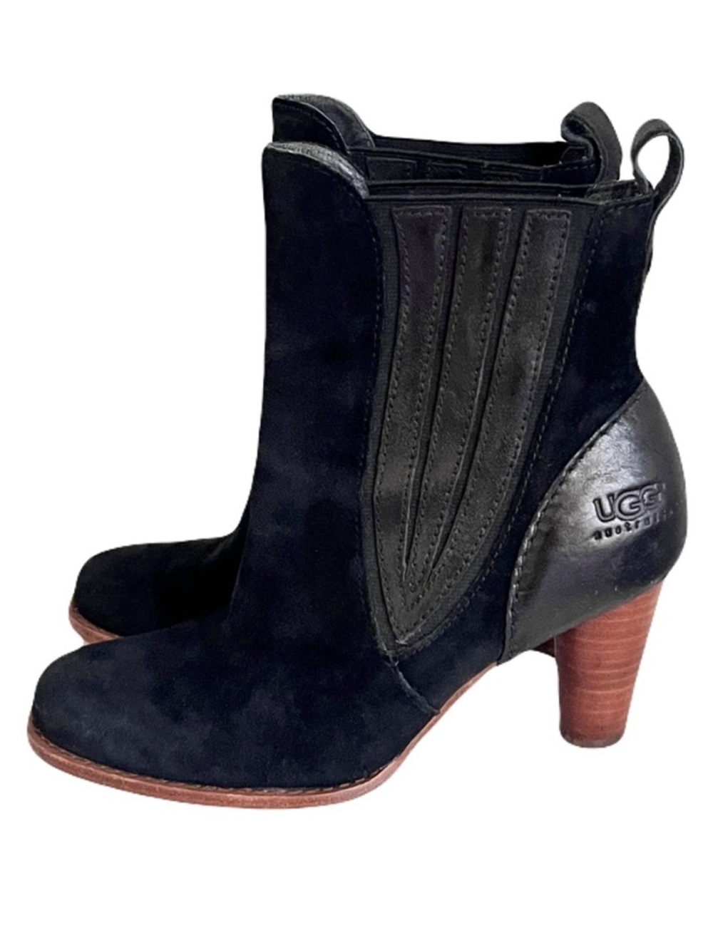 Ugg Black Suede and Leather Stacked Heel Sherpa Lined Chelsea Boots, Size 6
